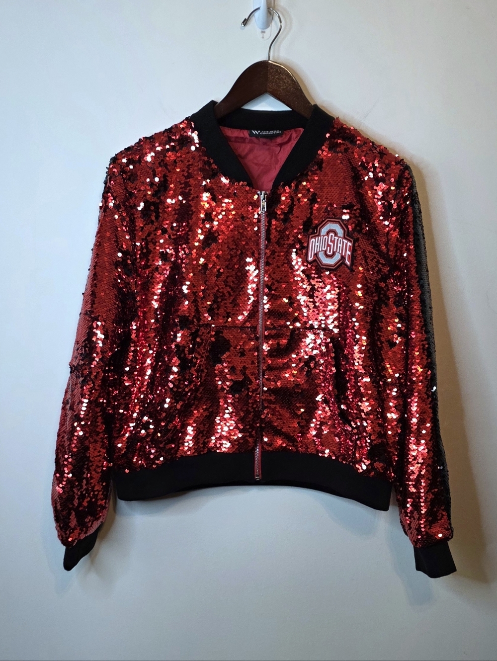 The Wild Collective The Ohio State Buckeyes Red Sequin Bomber Jacket Size XL